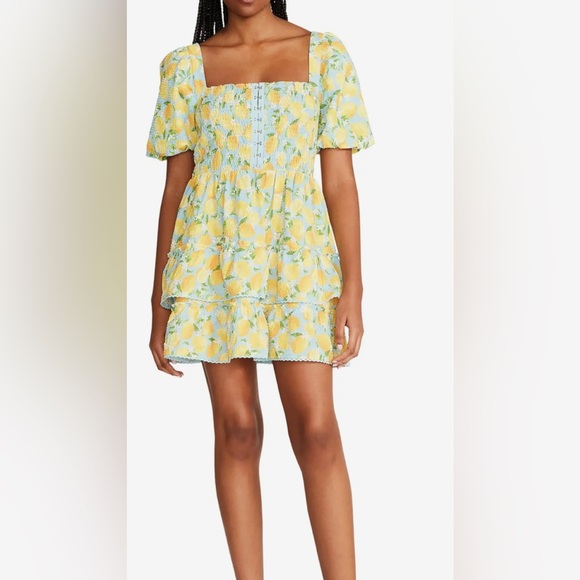 New Betsey Johnson $129  Haley Mini Dress Beachy Blue & Yellow XL Puff Sleeve - Picture 1 of 9